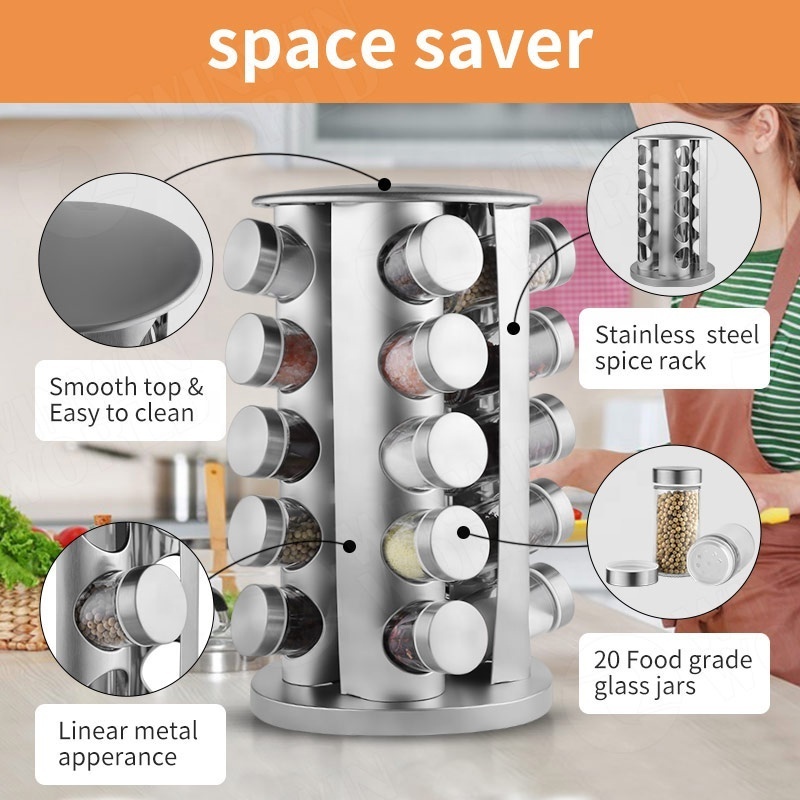 Food Grade Stainless Steel Revolving 20-Jar Countertop Rack Tower Organizer Polished Silver Color