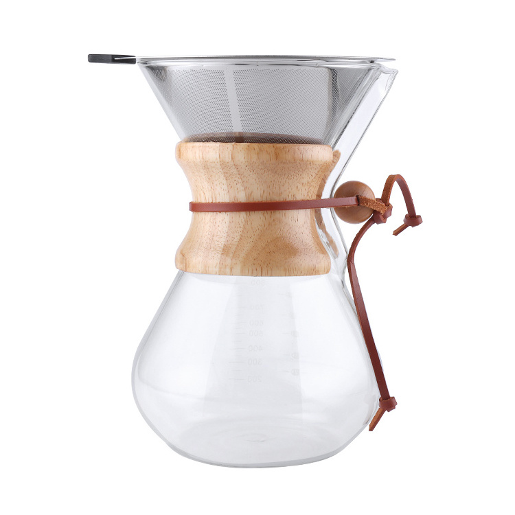 800ML Outdoor Camping Glass Durable Permanent Steel Filter Pour Over Coffee Dripper With Silicone Wooden Band For Cup