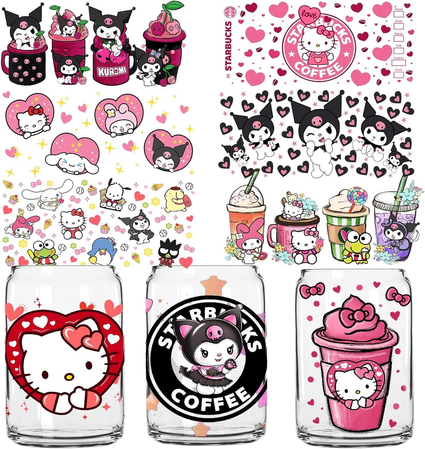 Cute Kitty Transfer Stickers for Glass Cups, UV DTF Rub on Transfers for 16OZ Glass Cups Furniture Crafts DIY