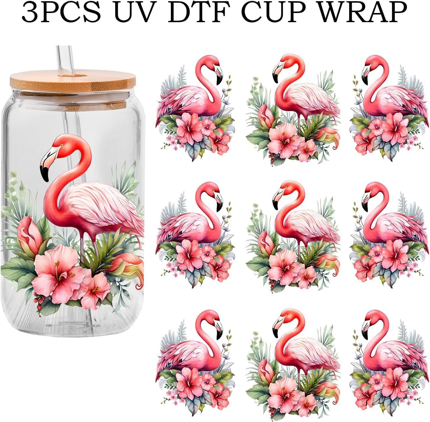 UV DTF Glass Cup Wrap Transfer Decal Flamingo Floral Bird Decal for 16oz Glass Cups - Ceramic Mug DIY Crafts