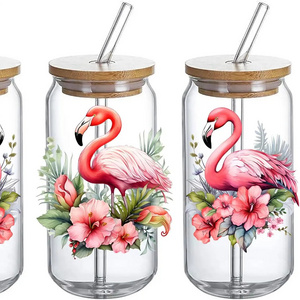 UV DTF Glass Cup Wrap Transfer Decal Flamingo Floral Bird Decal for 16oz Glass Cups - Ceramic Mug DIY Crafts