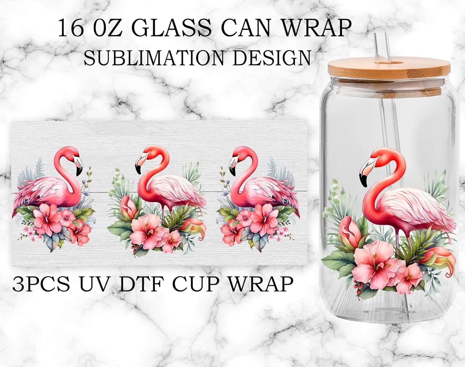 UV DTF Glass Cup Wrap Transfer Decal Flamingo Floral Bird Decal for 16oz Glass Cups - Ceramic Mug DIY Crafts