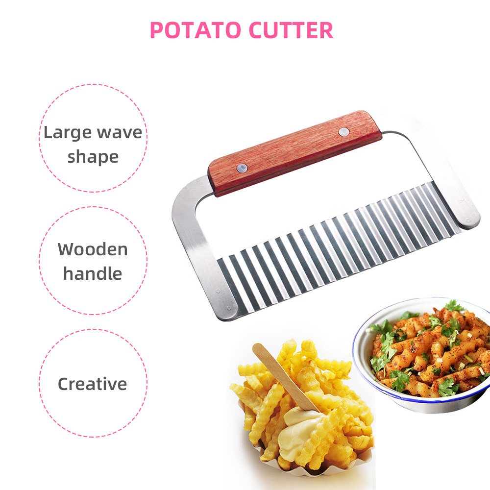 Wooden handle wave sharp stainless steel kitchen vegetable carrot cutting knife wavy edged crinkle french fry potato cutter