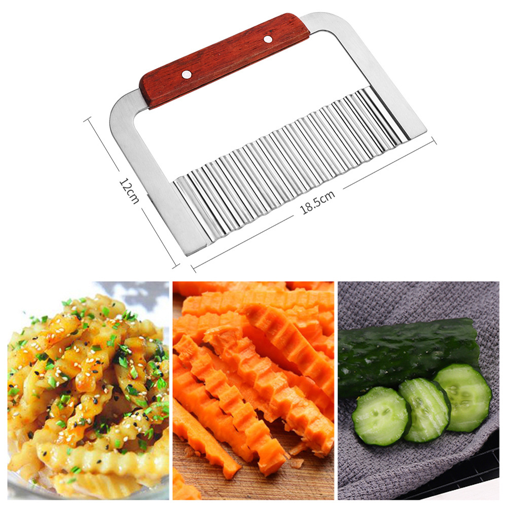 Wooden handle wave sharp stainless steel kitchen vegetable carrot cutting knife wavy edged crinkle french fry potato cutter