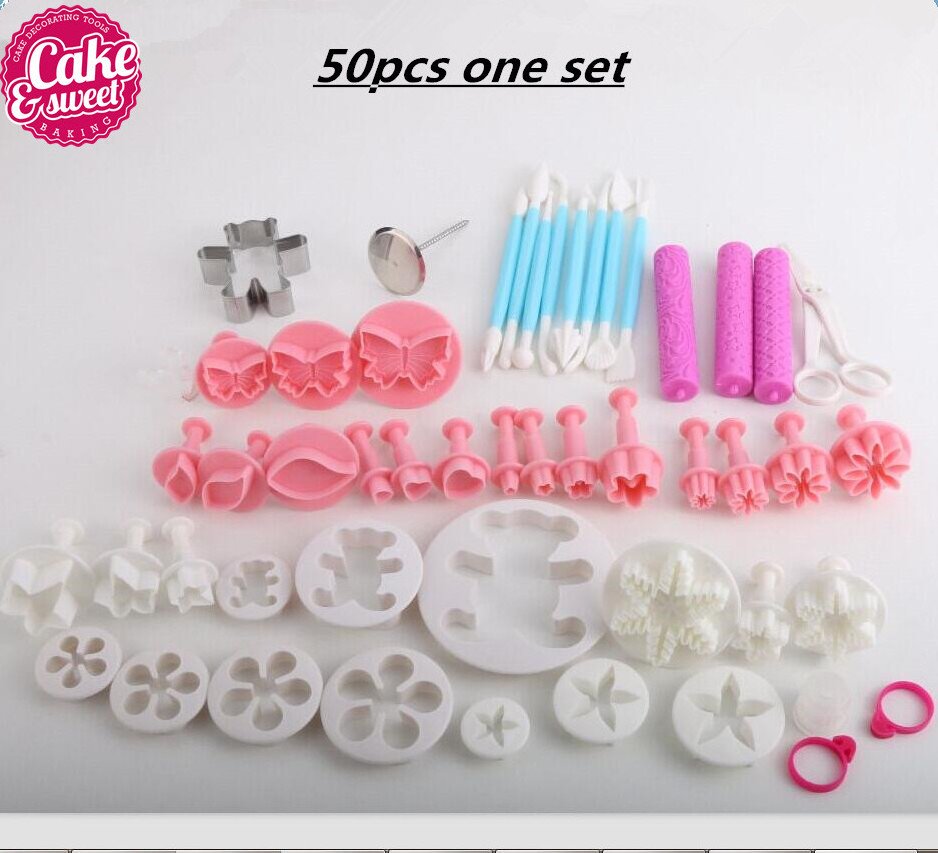 50 Pcs flower butterfly heart bear snowflake shape plunger cutter cake decorating modeling fondant tools