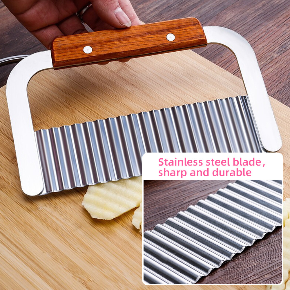 Wooden handle wave sharp stainless steel kitchen vegetable carrot cutting knife wavy edged crinkle french fry potato cutter