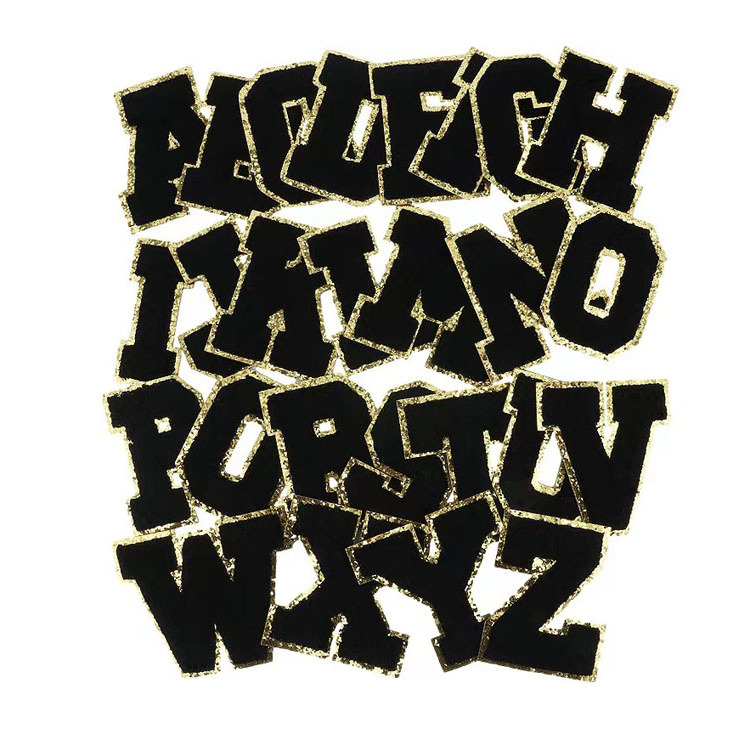 Wholesale black patch with glitter towel iron on chenille letter embroidered patches