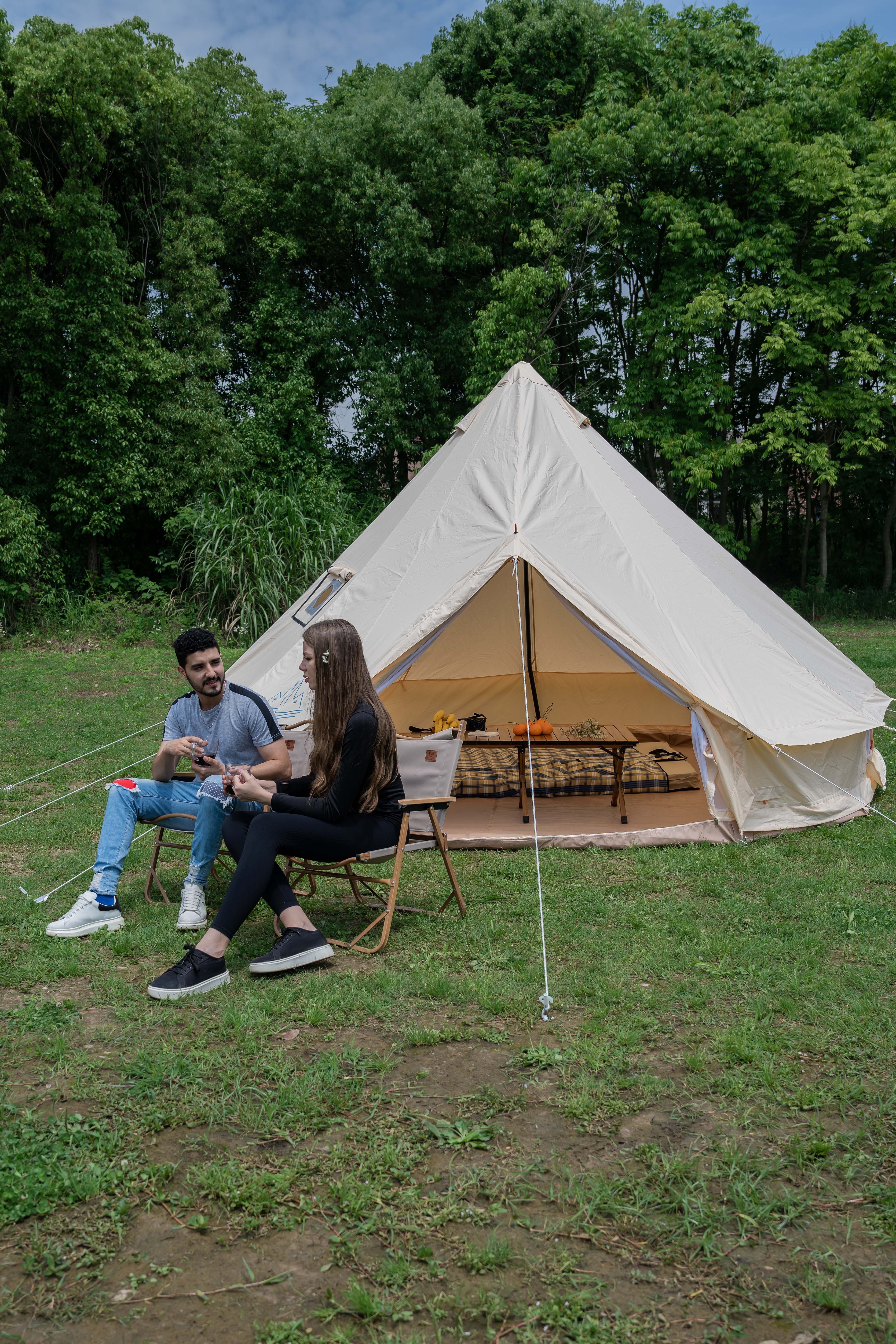 Outdoor Portable Glamping Luxury Camping 280g Canvas Bell Tent in 3M/4M/5M Size With Cover