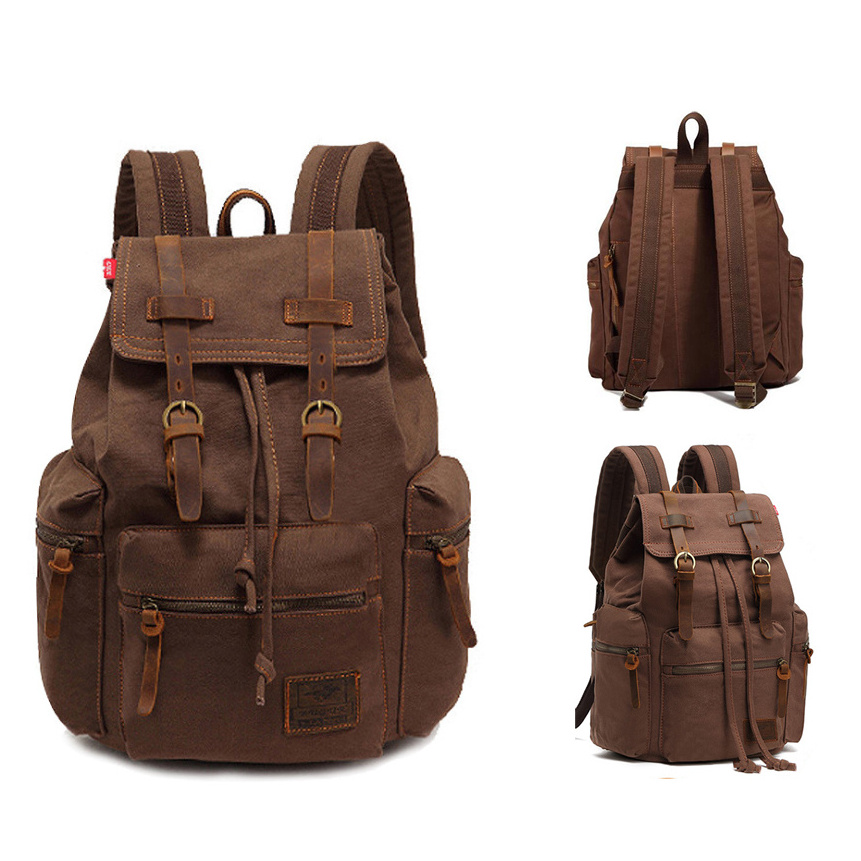 Outdoor Vintage waxed canvas student school laptop bag backpack computers canvas drawstring backpack with pockets