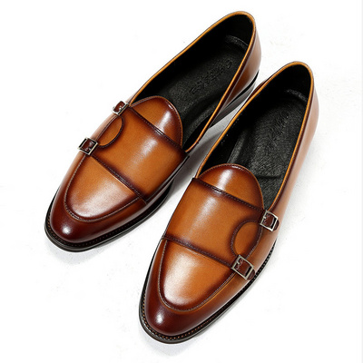 Retro Style Brown Men Double Monk Strap Dress Shoe Mens Gentlemen Leather Shoes