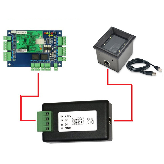 USB RFID Card reader/QR scanner to Wiegand26/34/66 access controller signal data converter in ASCII/hex code output