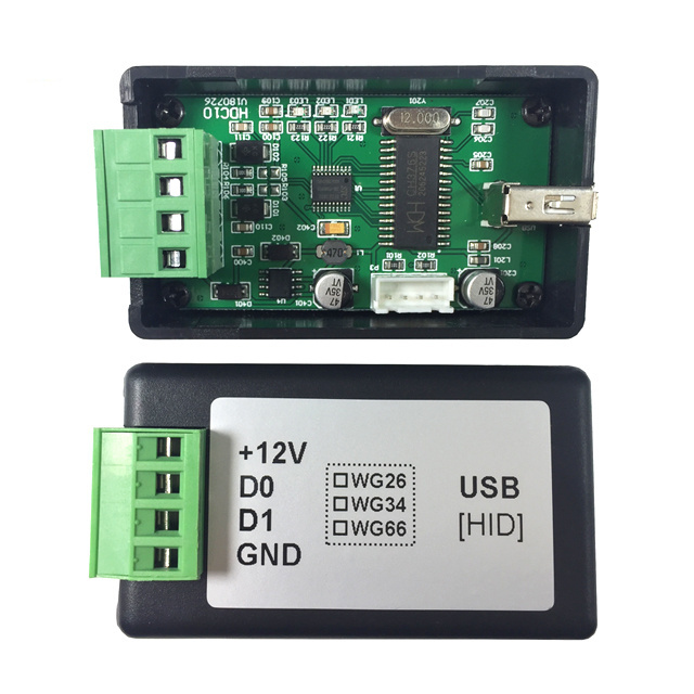 USB RFID Card reader/QR scanner to Wiegand26/34/66 access controller signal data converter in ASCII/hex code output