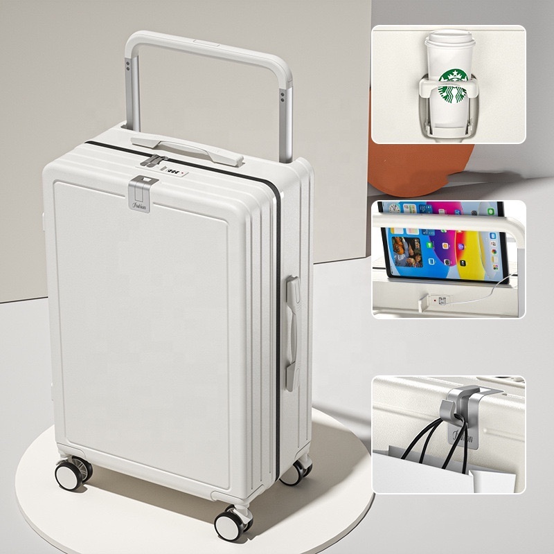 New Carry On Wide Handle Luxury Waterproof Suitcase For Travel Trolley With USB Charging Port Cup Holder Functional Luggage