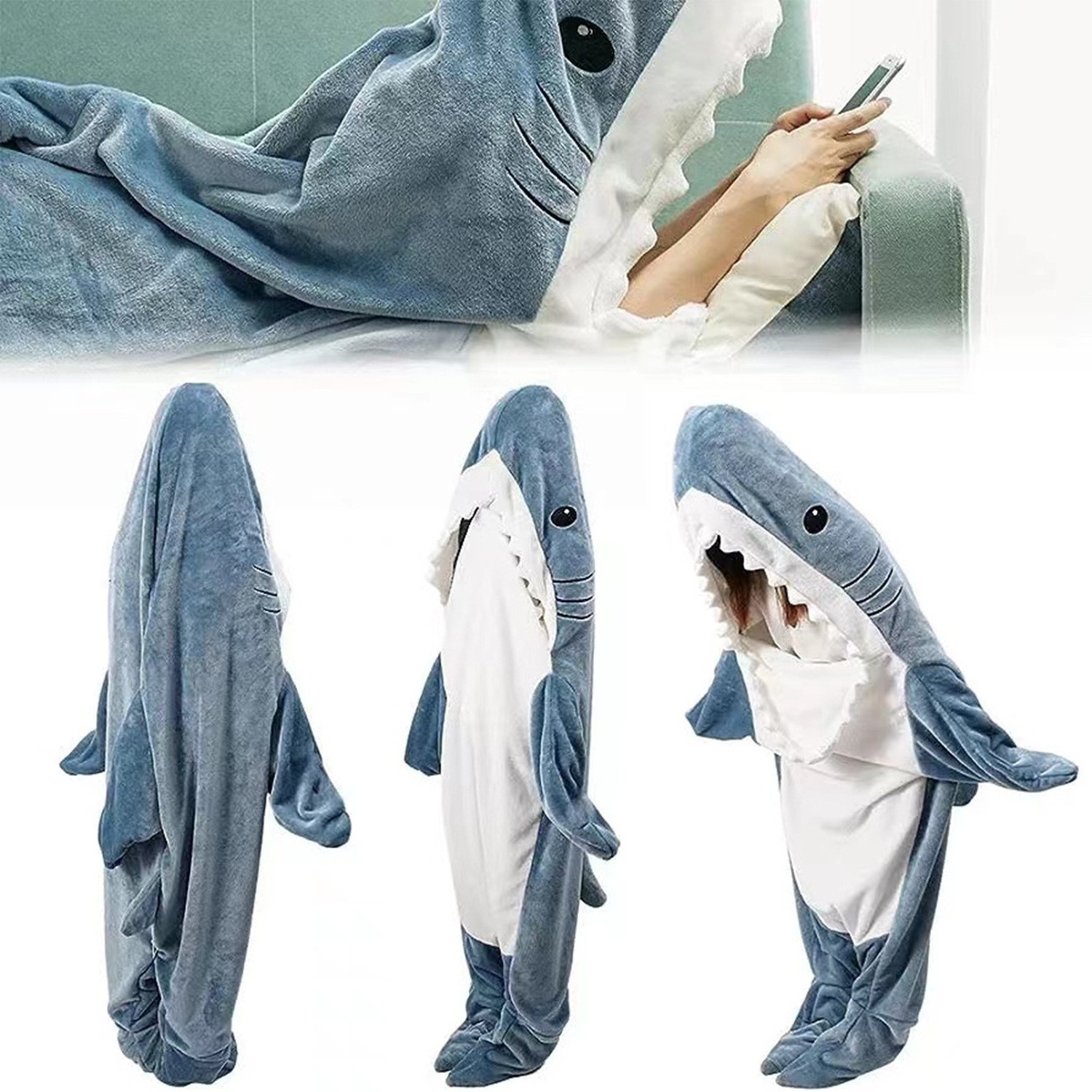 Super Soft Plush Cozy Warm New Shark Blanket Adult Cute Hoodie Shark Onesie Wearable Shark Blanket