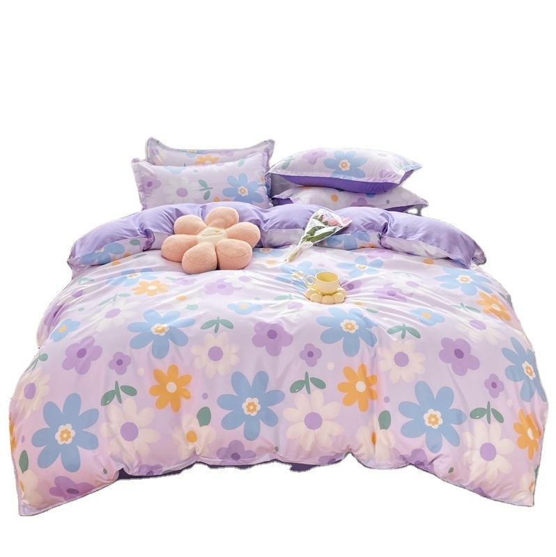 Factory Supplier Microfiber 4 Pieces Bedding Sets Flower Printed Bedding Sets In Purple Color With Optional Curtains