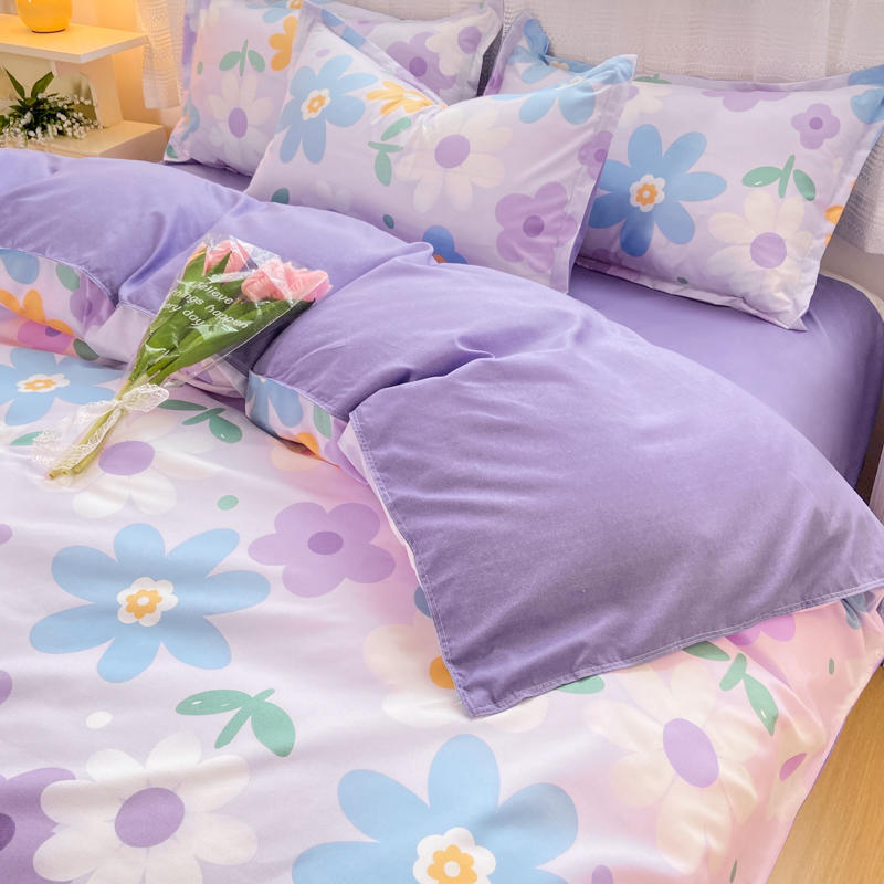 Factory Supplier Microfiber 4 Pieces Bedding Sets Flower Printed Bedding Sets In Purple Color With Optional Curtains