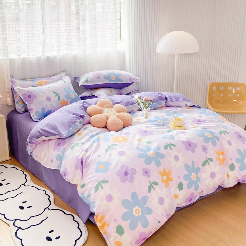 Factory Supplier Microfiber 4 Pieces Bedding Sets Flower Printed Bedding Sets In Purple Color With Optional Curtains