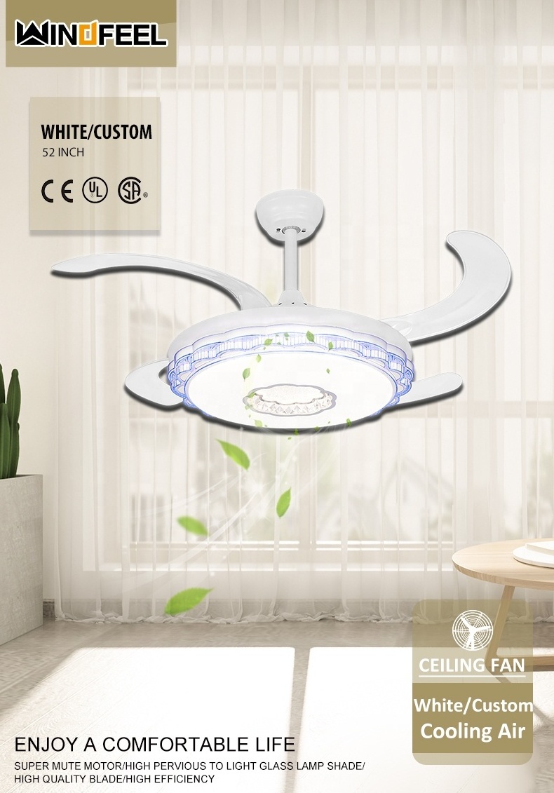 High Grade Crystal Invisible Ceiling Fan with Light with 5 Acrylic Blade Chandelier Fan Ceiling for Bedroom Living Room