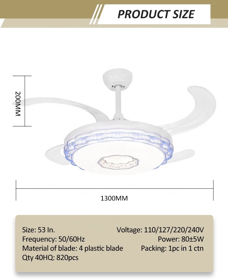 High Grade Crystal Invisible Ceiling Fan with Light with 5 Acrylic Blade Chandelier Fan Ceiling for Bedroom Living Room