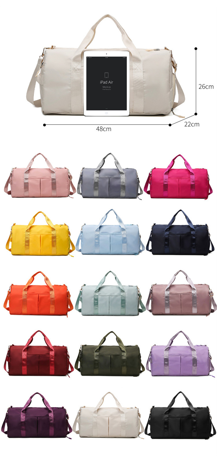 Customizable Large Fitness Nylon Duffle GYM Bag Female Light Weight Durable Waterproof Travel Duffel Bag With Shoes Compartment