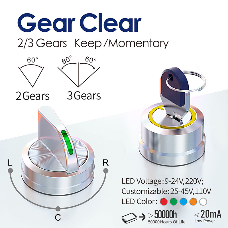 WINDOO 25A 22mm Selector Rotary Push Button Switch Two Gears or Three Gears 3 Position Self-locking Knob Switch LED Light Red