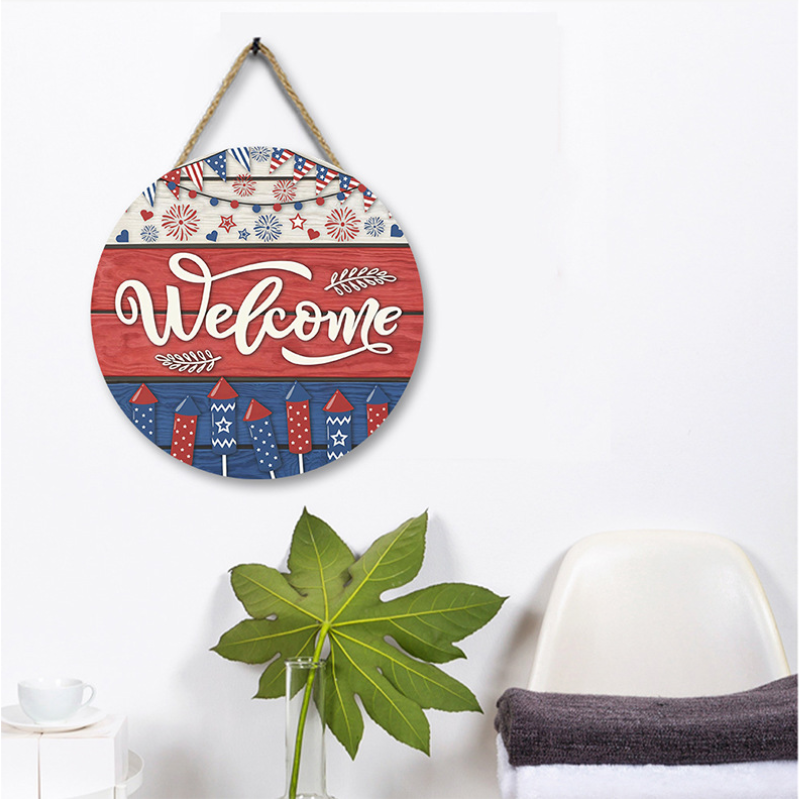 Hulee Direct Factory Sale round Hanging Decorative Wooden Door Sign Pendant for Independence Day Home Decor