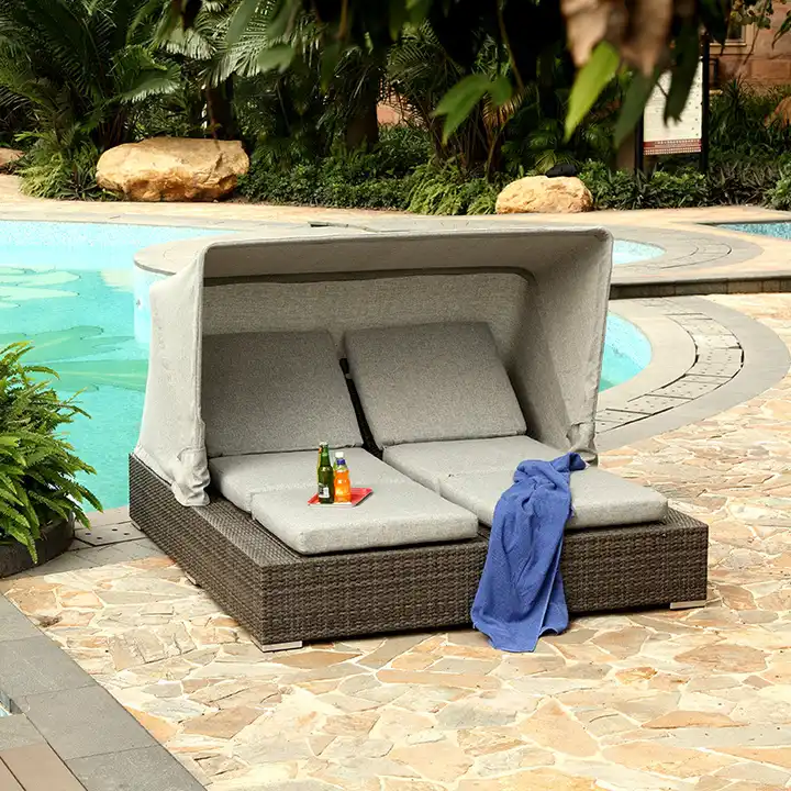 Outdoor Pool Furniture Adjustable Rattan Wicker Sun Lounger With Canopy Garden Set Sunbed Outdoor Furniture