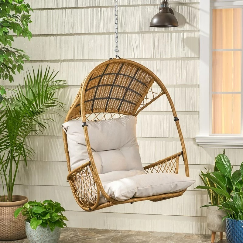 New Design Cushions Included Big Weight Capacity Rope hanging Outdoor Patio Rattan Egg Swing Chair Hanging Porch Swing