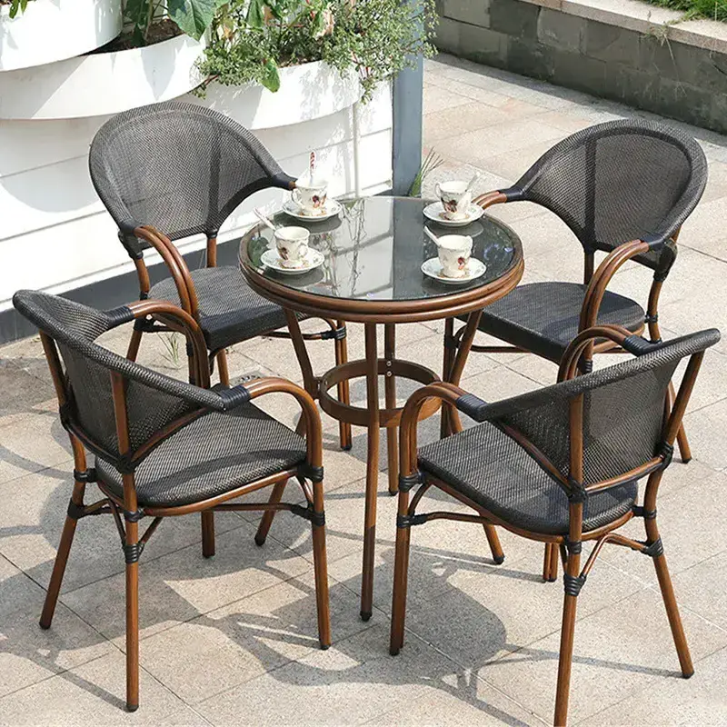 Outside french rattan bistro chair outdoor dining furniture custom bistro pe rattan textile garden cafe chair set