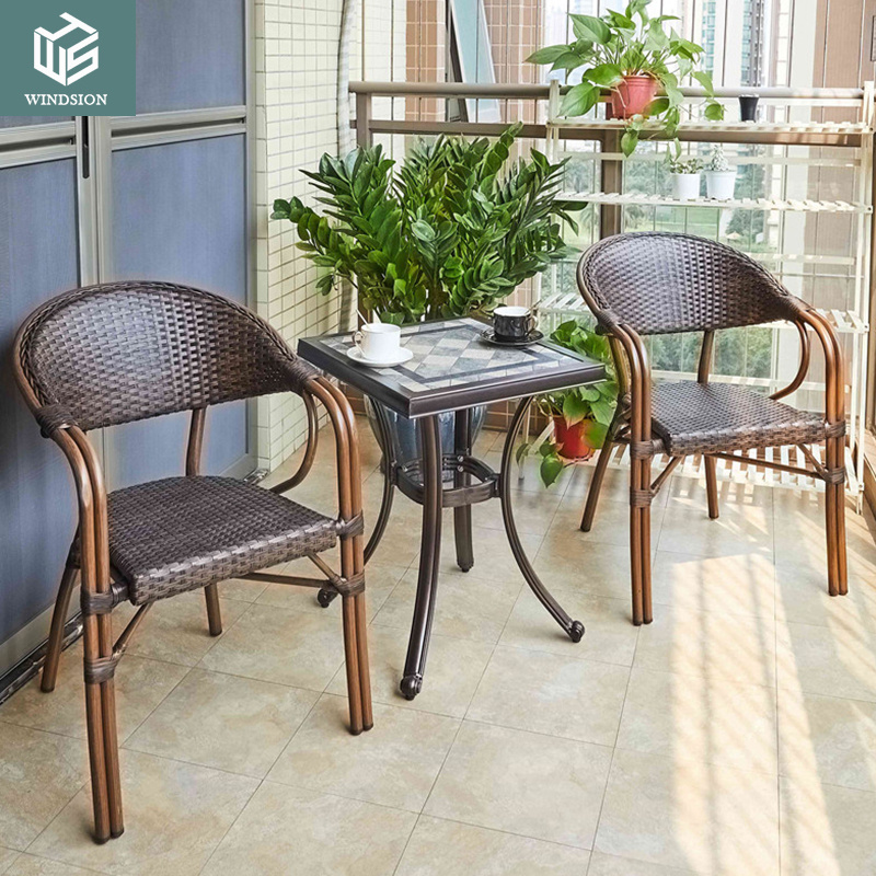 terrace cafe restaurant wicker antique cane synthetic plastic rattan chair furniture Outdoor PE aluminum frame chair set