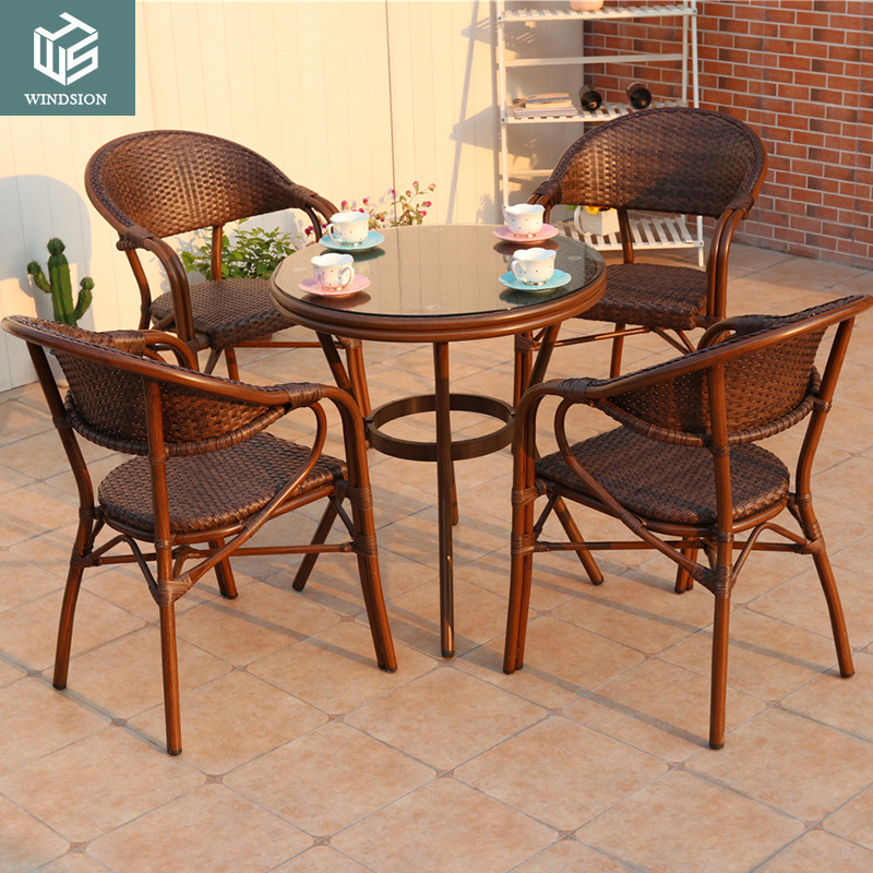 terrace cafe restaurant wicker antique cane synthetic plastic rattan chair furniture Outdoor PE aluminum frame chair set