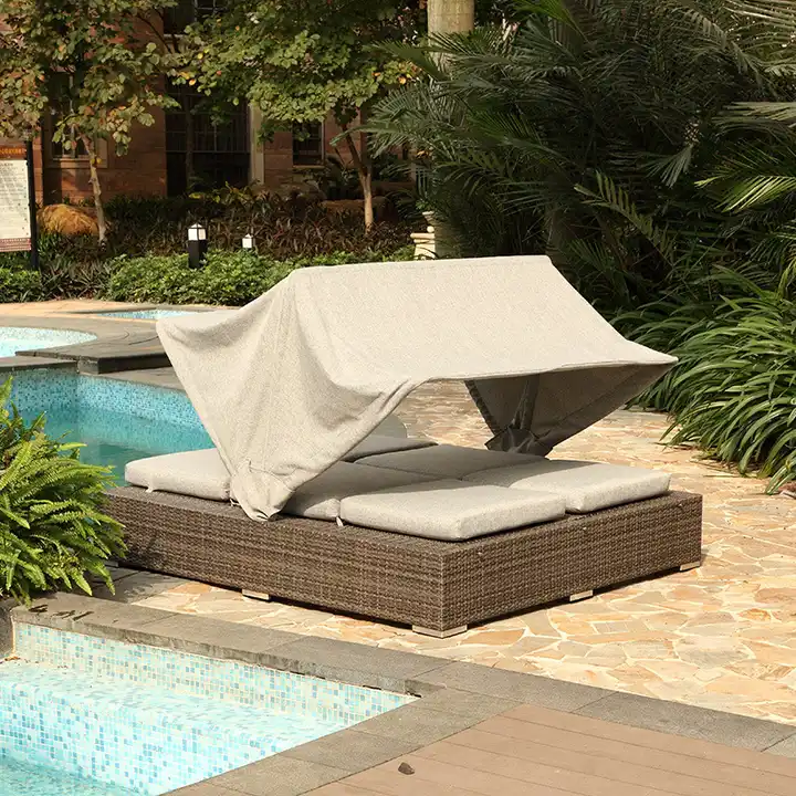 Outdoor Pool Furniture Adjustable Rattan Wicker Sun Lounger With Canopy Garden Set Sunbed Outdoor Furniture