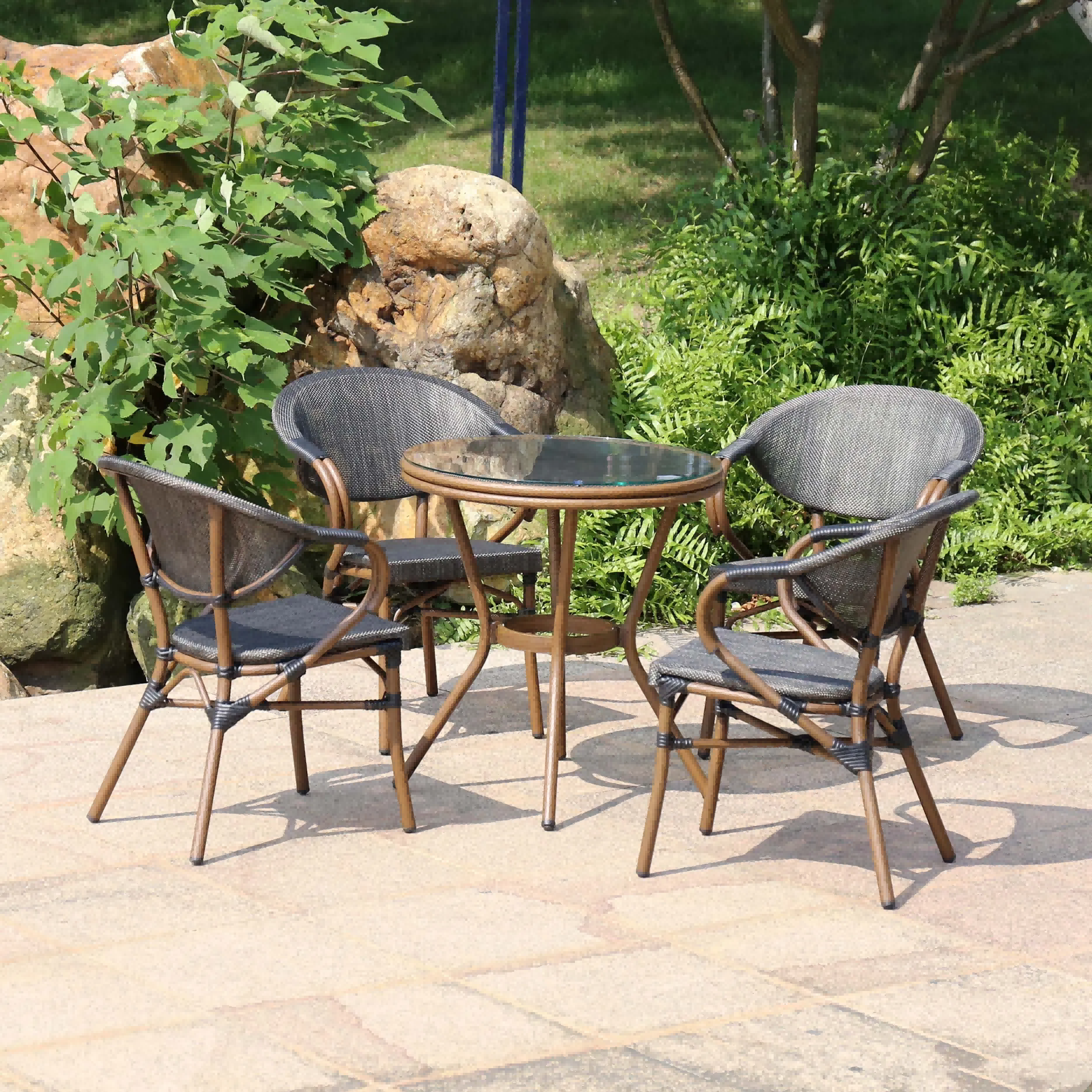 Outside french rattan bistro chair outdoor dining furniture custom bistro pe rattan textile garden cafe chair set