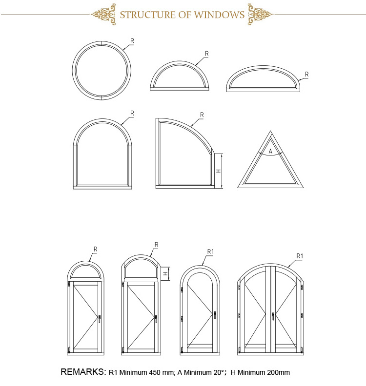 Aluminum Wood Casement Grill Design Arch Half Round Window