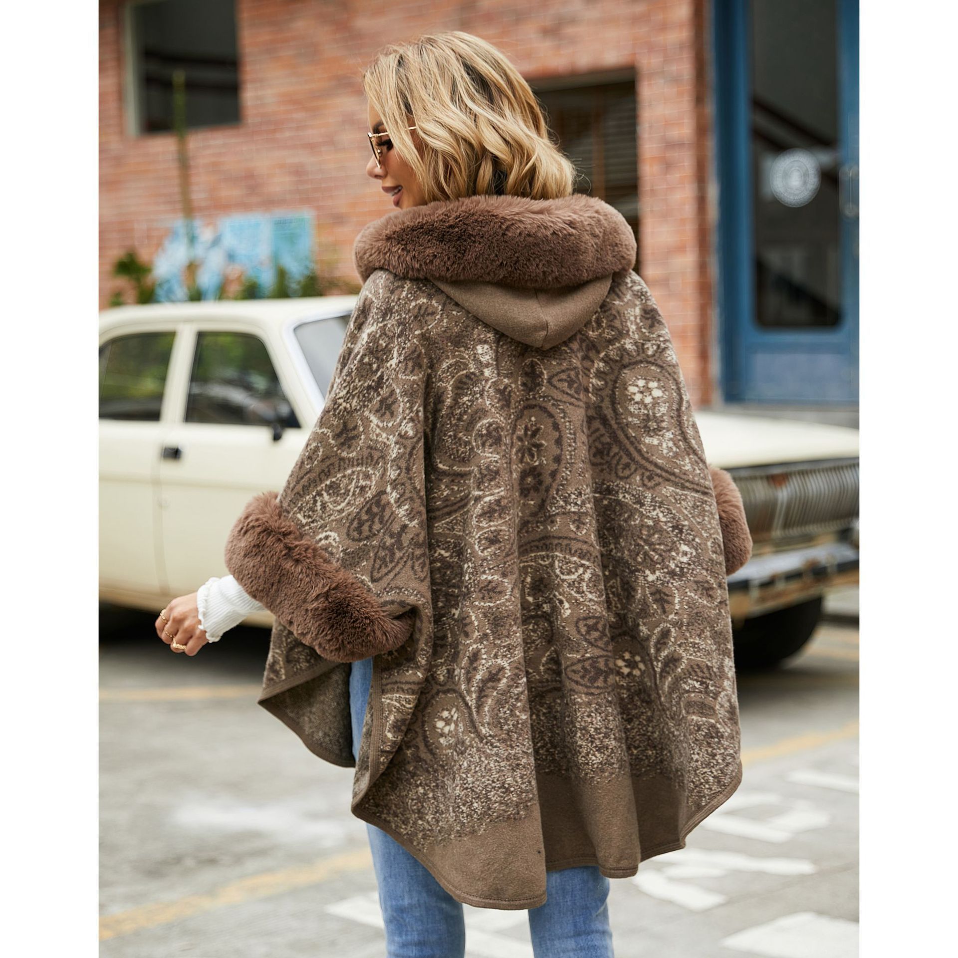 winter womens mexican cashmere like pashmina poncho shawl cape with sleeves thick faux fur  hoodie for women