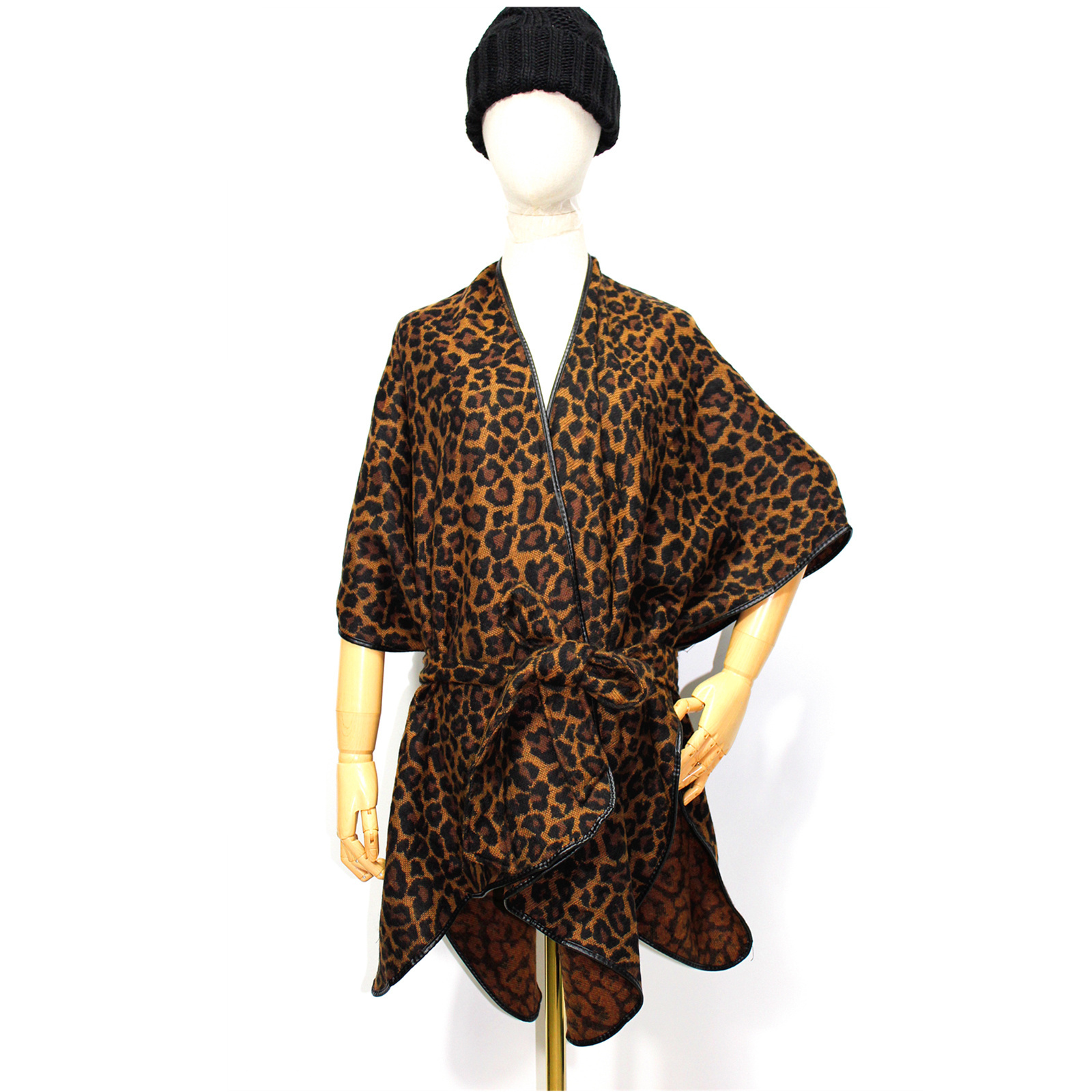 PU Leather Edged shawl Leopard Pattern Cashmere Feel Women's Wearable Belt Poncho Shawl