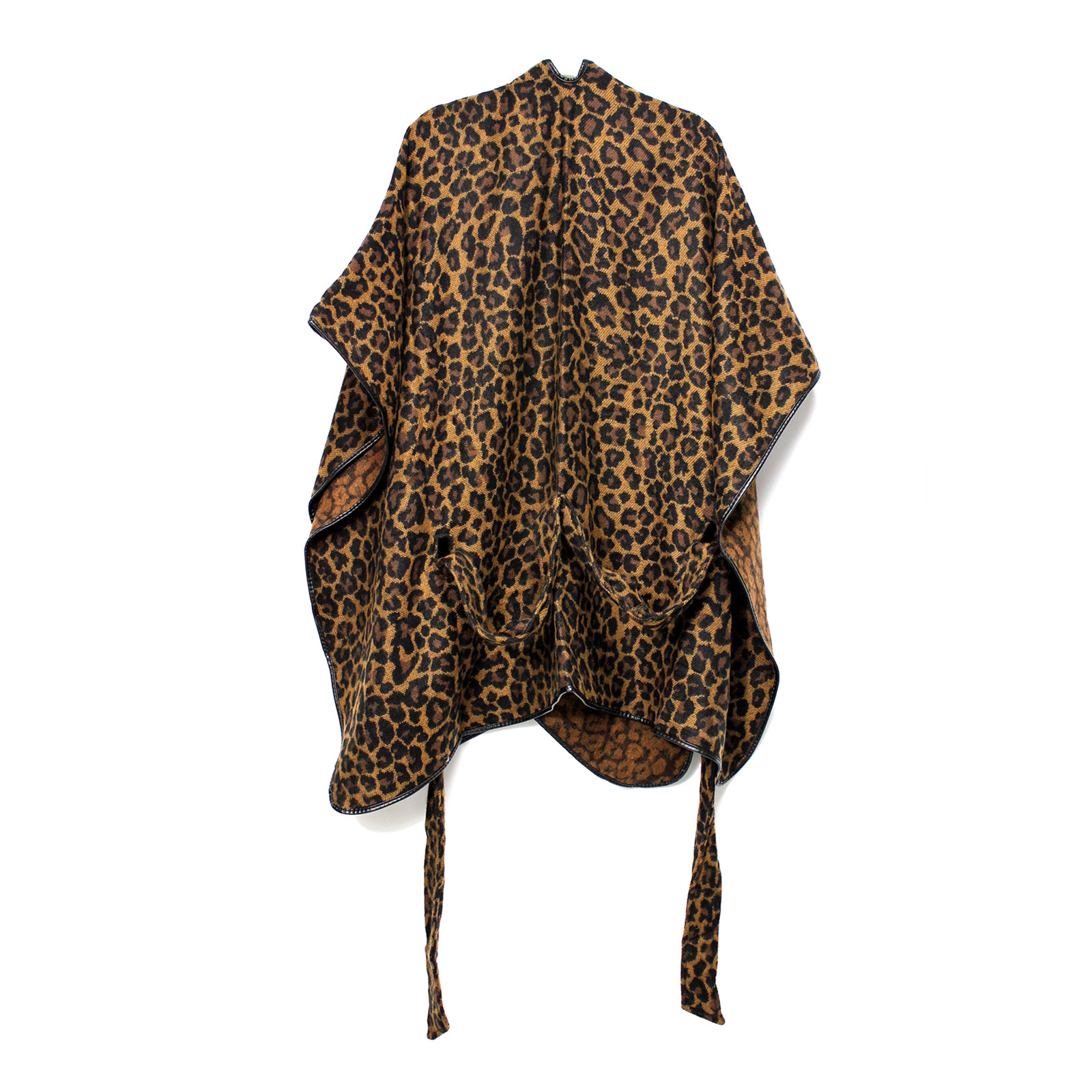 PU Leather Edged shawl Leopard Pattern Cashmere Feel Women's Wearable Belt Poncho Shawl