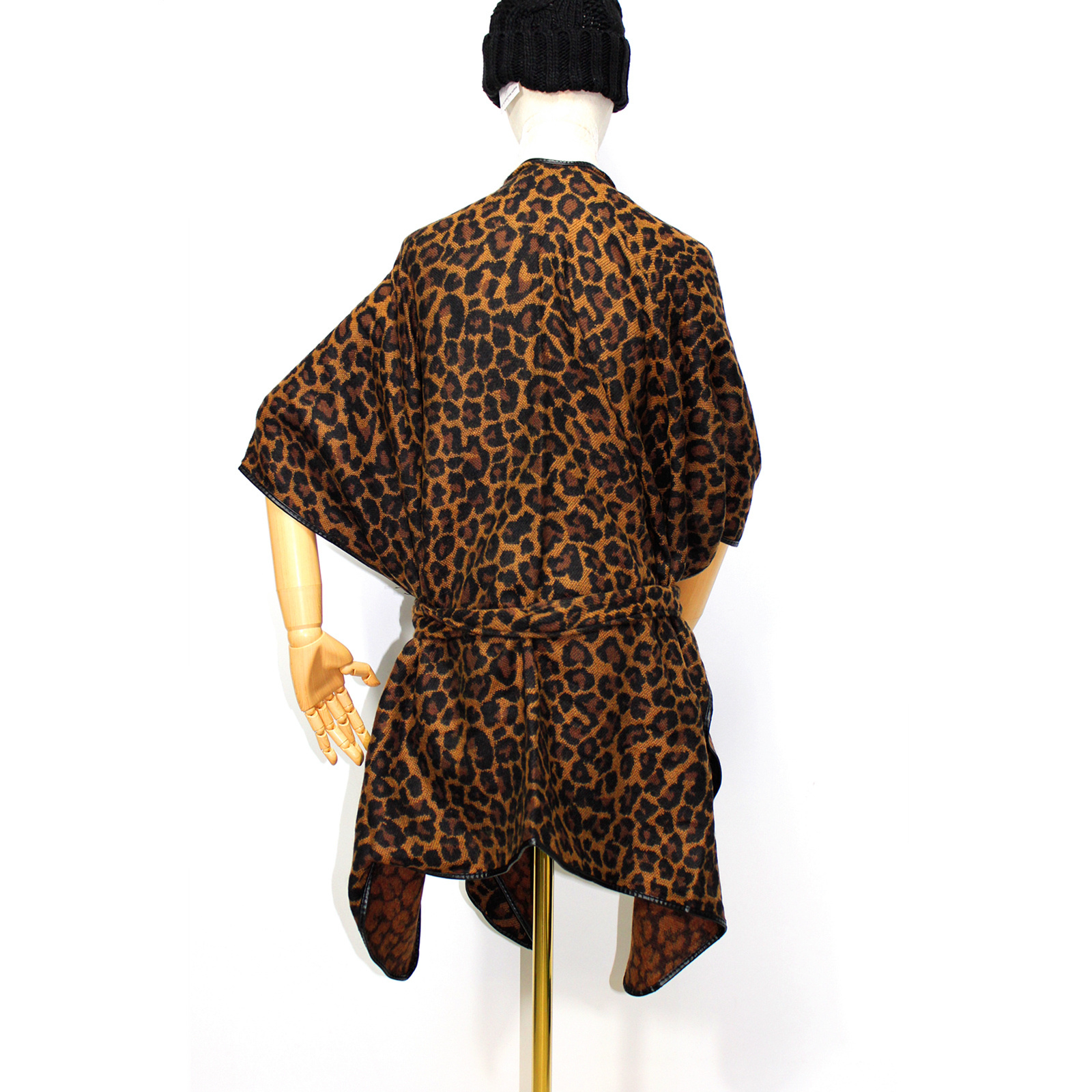 PU Leather Edged shawl Leopard Pattern Cashmere Feel Women's Wearable Belt Poncho Shawl