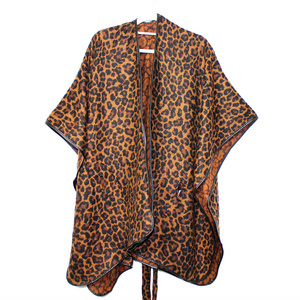 PU Leather Edged shawl Leopard Pattern Cashmere Feel Women's Wearable Belt Poncho Shawl