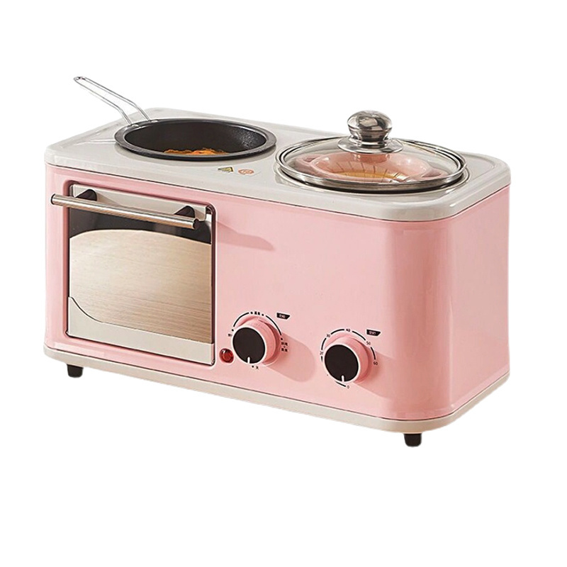 Multi Function Breakfast Maker Machine with Toast Oven Coffee Pot Frying Pan Cup Power Timer Mini Oven 3 in 1 Pink Electric 220