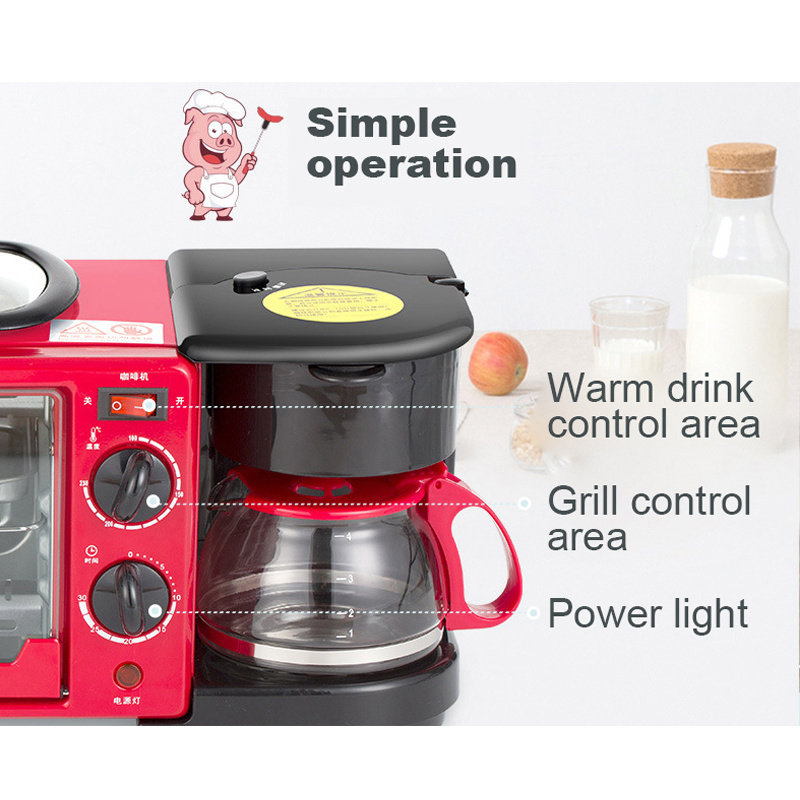 Multi Function Breakfast Maker Machine with Toast Oven Coffee Pot Frying Pan Cup Power Timer Mini Oven 3 in 1 Pink Electric 220