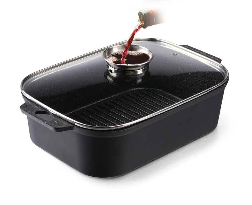 2023 die-cast aluminum 2 layers non-stick black color coating glass lid cover 35cm sauce pan soup pot for cooking fish soup