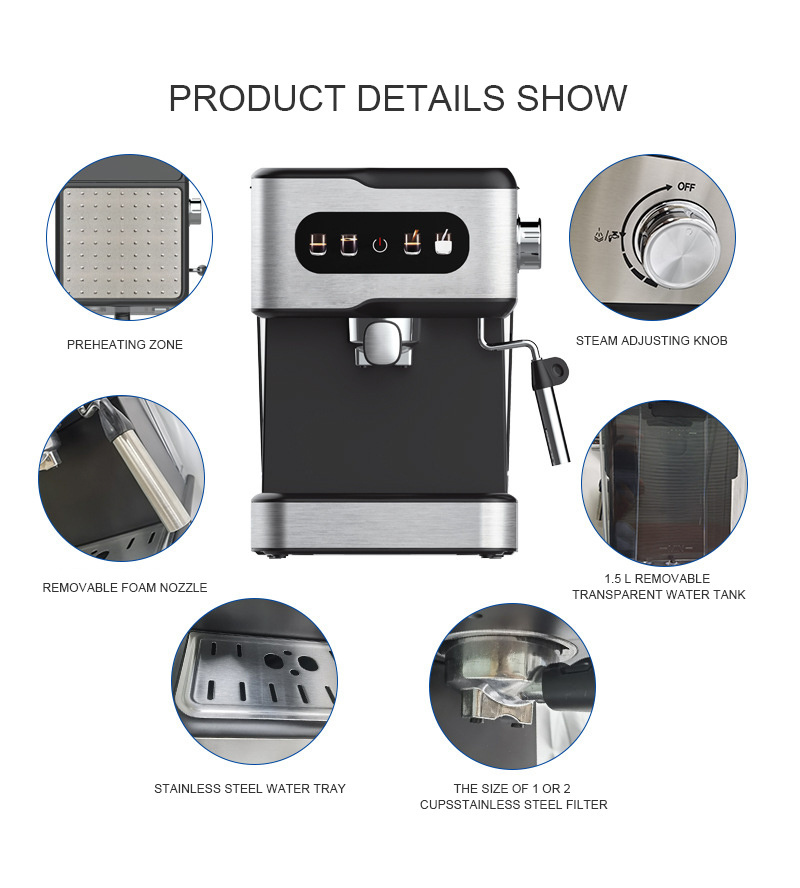 silver semi-automatic electric high quality 1.5L removable water milk frother 10 cup espresso 3 in 1 smart coffee makers