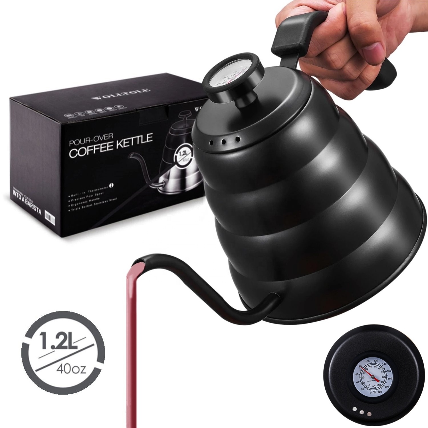 40oz/1.2L Stainless Steel Coffee Kettle with Temperature, Gooseneck Thin Spout for Pour Over Coffee Tea Pot, Works on Stovetop