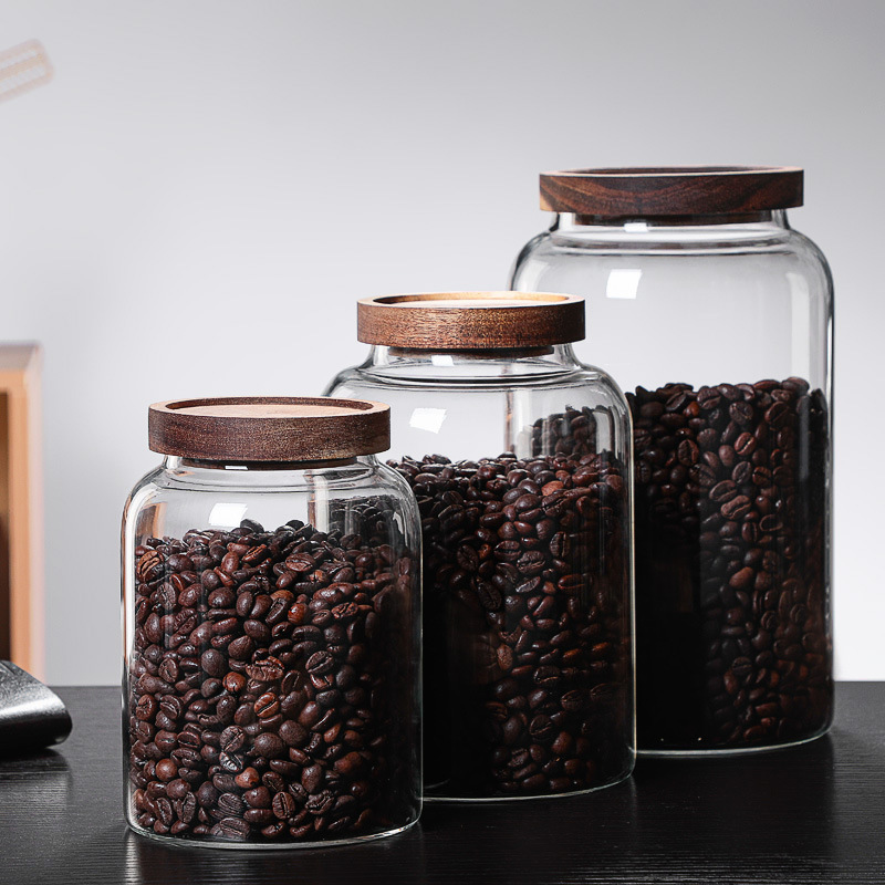 Round Sealed Glass Jars High Borosilicate Kitchen Storage Box Tank Coffee Bean Storage Can Mason Jar With woodLid Food Container