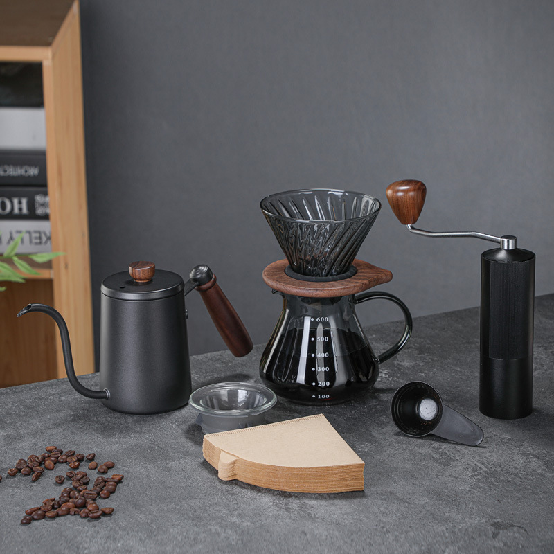 All-in-one V-type 60 Travel Barista Coffee Set Manual Grinder Dripper Paper Bag Kettle Timer Scale