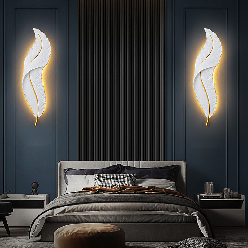 Creative Modern Feather Design Bedroom Bedside Living Room Background Led Wall Lamp Decorative Resin 90cm Round Nordic Lighting