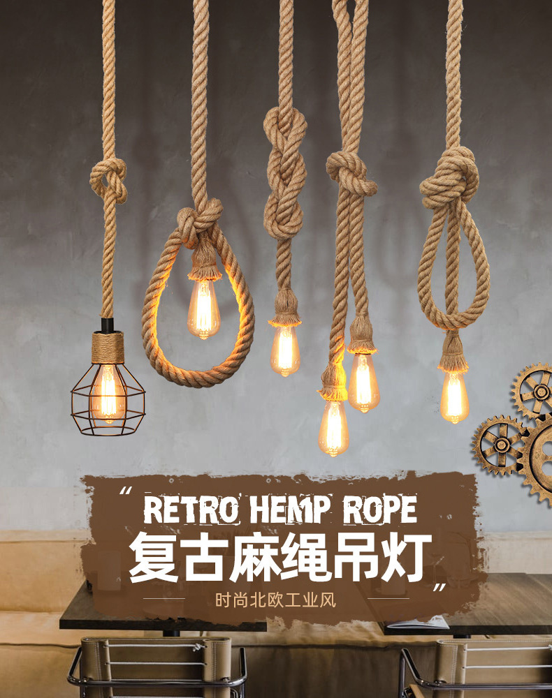 Hemp Rope Chandelier Vintage Pendant Light Retro Loft Industrial hanging Ceiling Lamp with Edison E27 Base