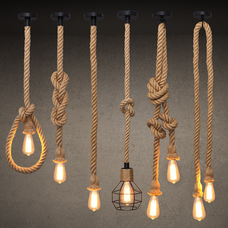 Hemp Rope Chandelier Vintage Pendant Light Retro Loft Industrial hanging Ceiling Lamp with Edison E27 Base