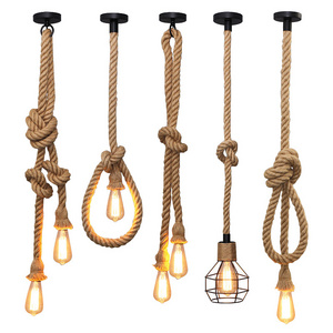 Hemp Rope Chandelier Vintage Pendant Light Retro Loft Industrial hanging Ceiling Lamp with Edison E27 Base